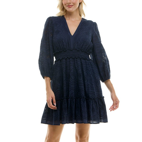 Gabby Skye TAYLOR EYELET EMBROIDERED PEASANT SLEEVE MINI DRESS MIDNIGHT NAVY
