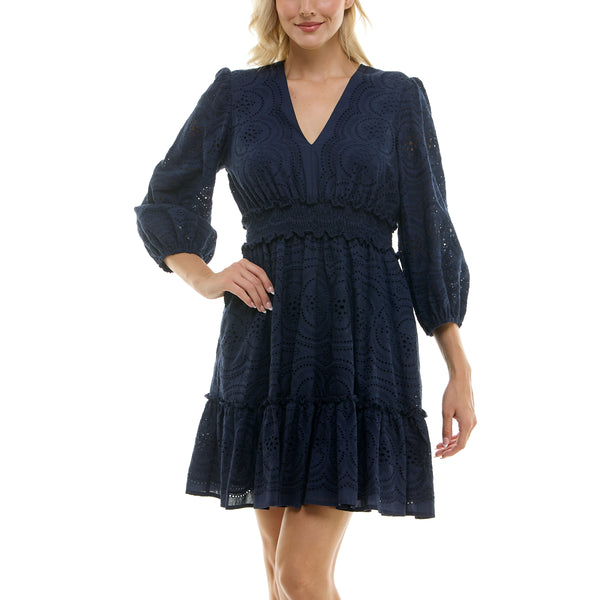 Gabby Skye TAYLOR EYELET EMBROIDERED PEASANT SLEEVE MINI DRESS MIDNIGHT NAVY