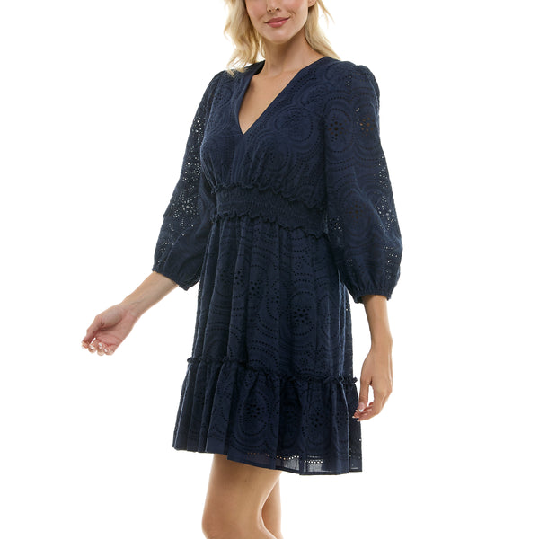 Gabby Skye TAYLOR EYELET EMBROIDERED PEASANT SLEEVE MINI DRESS MIDNIGHT NAVY