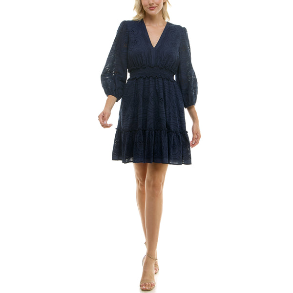 gabby skye TAYLOR EYELET EMBROIDERED PEASANT SLEEVE MINI DRESS MIDNIGHT NAVY