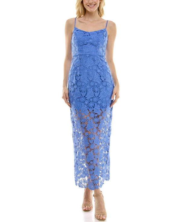 gabby skye TAYLOR FLORAL LACE SEMI-SHEER GOWN PERIWINKLE