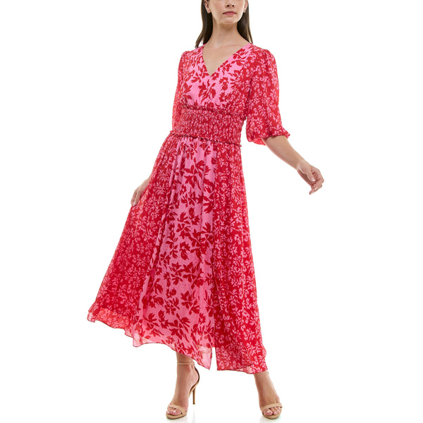 Gabby Skye TAYLOR FLORAL MIXED PRINT SMOCKED WAIST MAXI DRESS CANDY/PINK