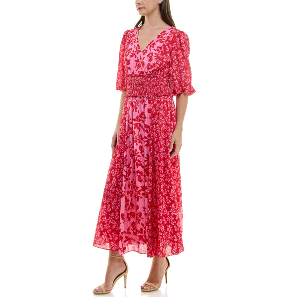 Gabby Skye TAYLOR FLORAL MIXED PRINT SMOCKED WAIST MAXI DRESS CANDY/PINK