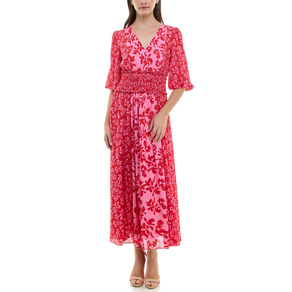 gabby skye TAYLOR FLORAL MIXED PRINT SMOCKED WAIST MAXI DRESS CANDY/PINK