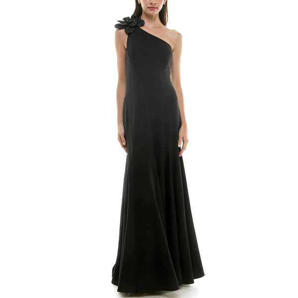 Gabby Skye TAYLOR FLOWER EMBELLISHED ASYMMETRIC ONE SHOULDER GOWN BLACK