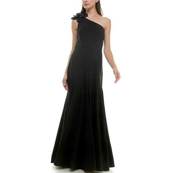 Gabby Skye TAYLOR FLOWER EMBELLISHED ASYMMETRIC ONE SHOULDER GOWN BLACK