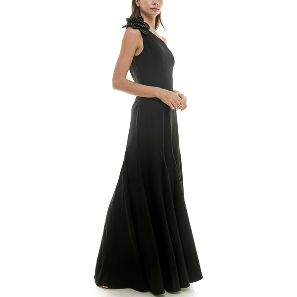 Gabby Skye TAYLOR FLOWER EMBELLISHED ASYMMETRIC ONE SHOULDER GOWN BLACK