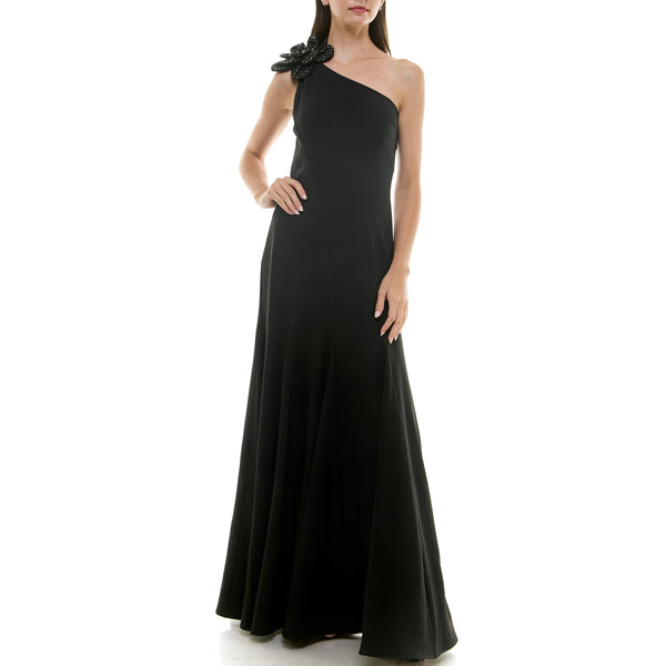 gabby skye TAYLOR FLOWER EMBELLISHED ASYMMETRIC ONE SHOULDER GOWN BLACK