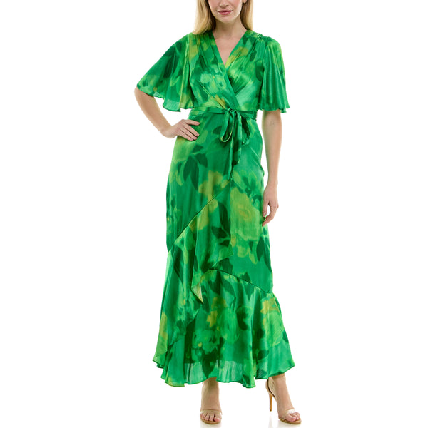 gabby skye TAYLOR FLUTTER SLEEVE FAUX WRAP MAXI DRESS SPRING GREEN