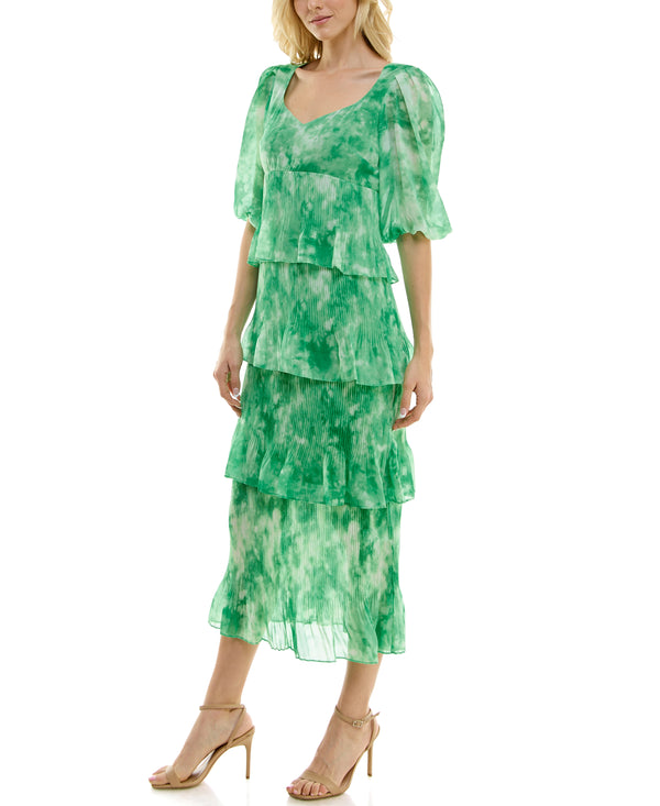 Gabby Skye TAYLOR FOUR TIER WATERCOLOR PRINT CHIFFON MAXI DRESS BONE/LIME GREEN