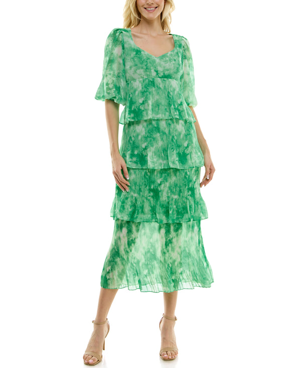 Gabby Skye TAYLOR FOUR TIER WATERCOLOR PRINT CHIFFON MAXI DRESS BONE/LIME GREEN