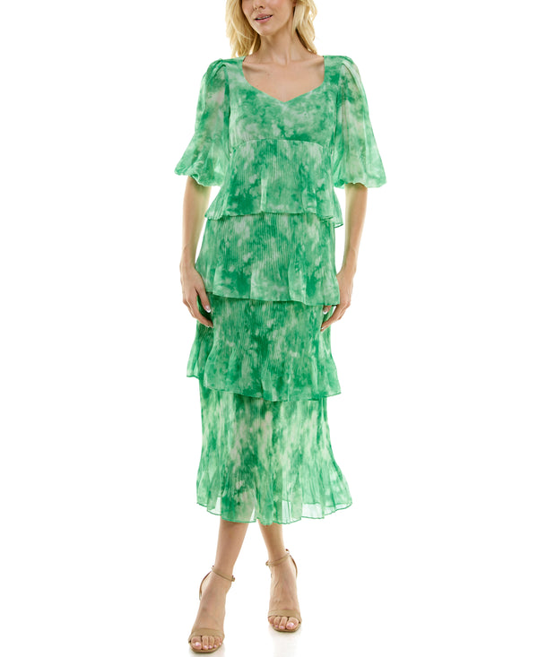 gabby skye TAYLOR FOUR TIER WATERCOLOR PRINT CHIFFON MAXI DRESS BONE/LIME GREEN