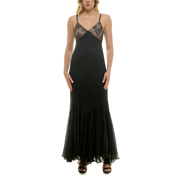 Gabby Skye TAYLOR LACE BODICED CHIFFON RUFFLED HEM GOWN - EXCHANGES ONLY BLACK