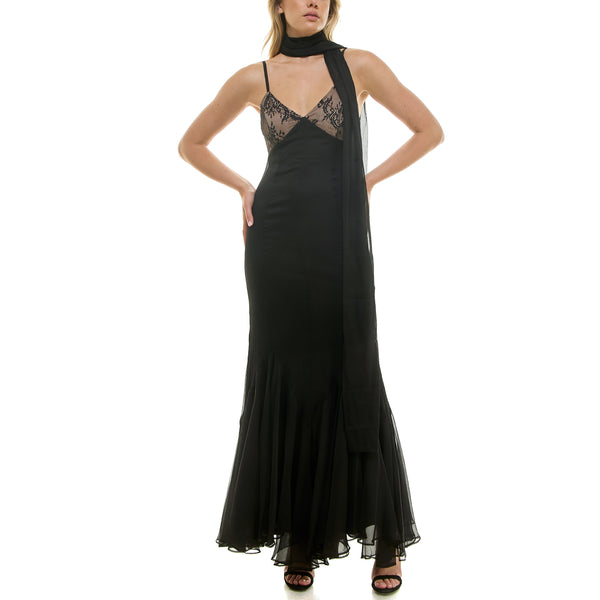 Gabby Skye TAYLOR LACE BODICED CHIFFON RUFFLED HEM GOWN - EXCHANGES ONLY BLACK