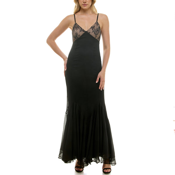 Gabby Skye TAYLOR LACE BODICED CHIFFON RUFFLED HEM GOWN - EXCHANGES ONLY BLACK