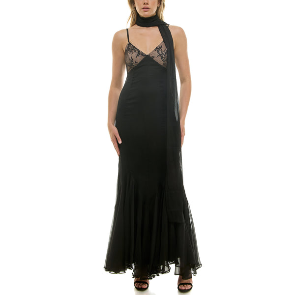 gabby skye TAYLOR LACE BODICED CHIFFON RUFFLED HEM GOWN - EXCHANGES ONLY BLACK