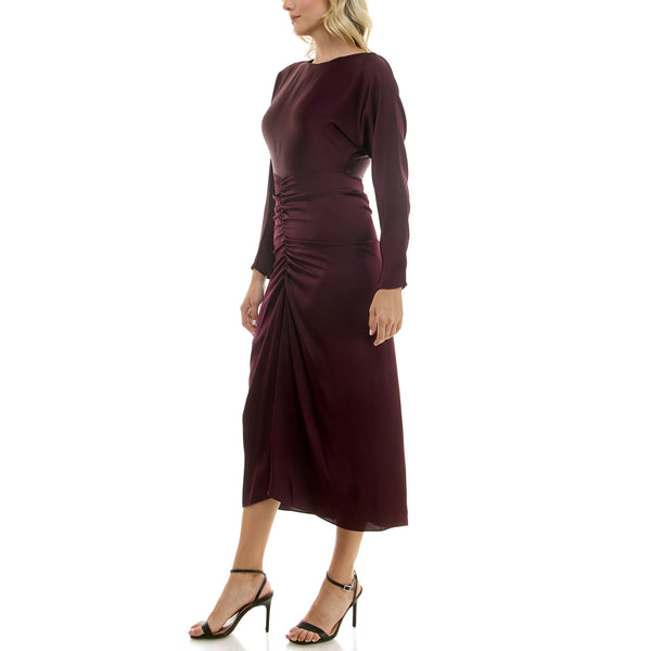 Gabby Skye TAYLOR LONG SLEEVE RUCHED GATHERED FRONT SATIN MIDAXI DRESS - EXCHANGES ONLY SANGRIA