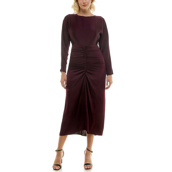gabby skye TAYLOR LONG SLEEVE RUCHED GATHERED FRONT SATIN MIDAXI DRESS - EXCHANGES ONLY SANGRIA