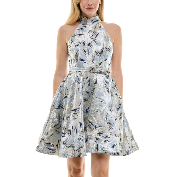 Gabby Skye TAYLOR METALLIC JACQUARD BELTED HALTER DRESS NAVY/GOLD