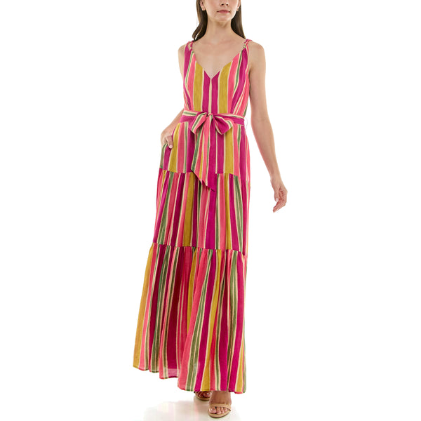 Gabby Skye TAYLOR MULTICOLOR WIDE STRIPED TIERED TANK MAXI DRESS WITH POCKETS RAINBOW DUST