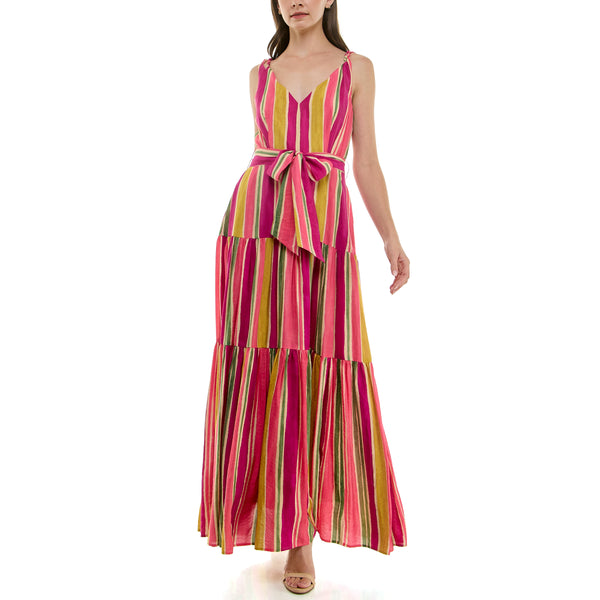 Gabby Skye TAYLOR MULTICOLOR WIDE STRIPED TIERED TANK MAXI DRESS WITH POCKETS RAINBOW DUST