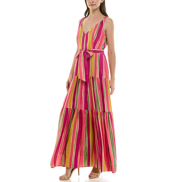Gabby Skye TAYLOR MULTICOLOR WIDE STRIPED TIERED TANK MAXI DRESS WITH POCKETS RAINBOW DUST