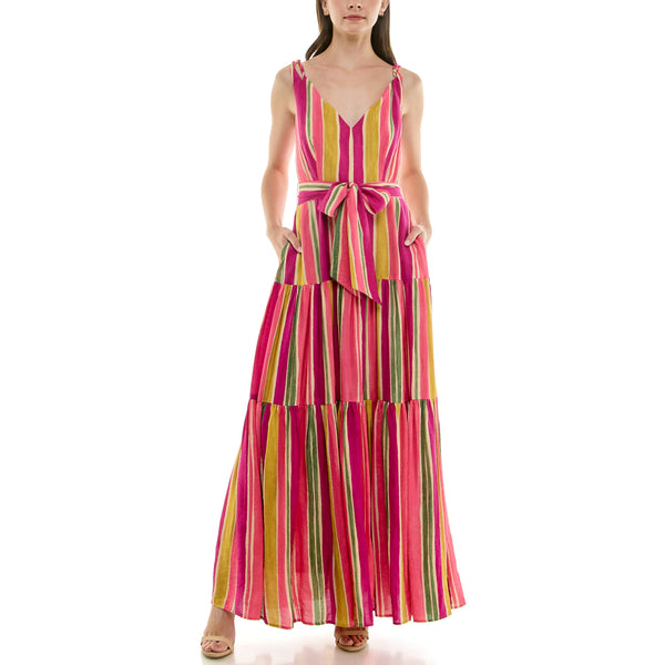 gabby skye TAYLOR MULTICOLOR WIDE STRIPED TIERED TANK MAXI DRESS WITH POCKETS RAINBOW DUST