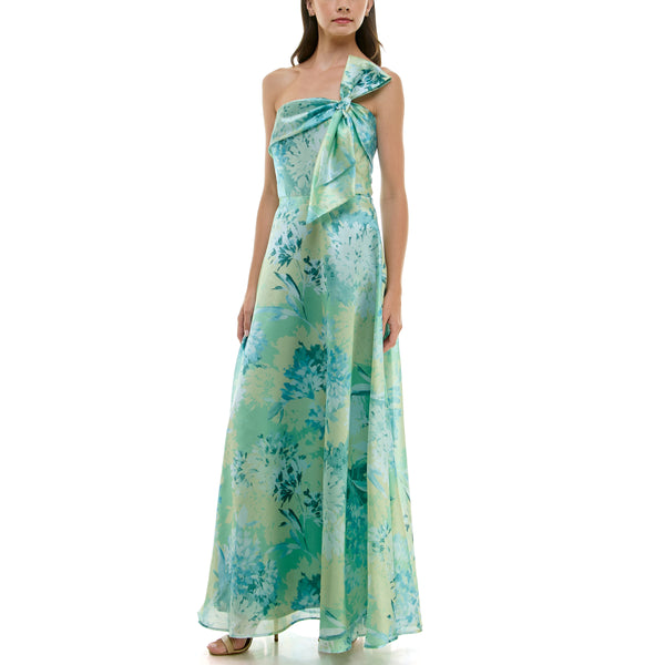 Gabby Skye TAYLOR ONE SHOULDER FLORAL PRINT BOW-STRAP GOWN PISTACHIO/SEA GLASS