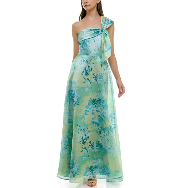 Gabby Skye TAYLOR ONE SHOULDER FLORAL PRINT BOW-STRAP GOWN PISTACHIO/SEA GLASS