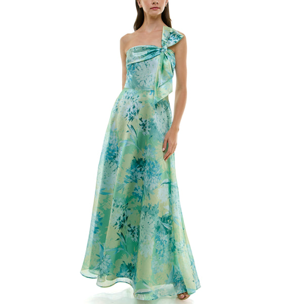 Gabby Skye TAYLOR ONE SHOULDER FLORAL PRINT BOW-STRAP GOWN PISTACHIO/SEA GLASS
