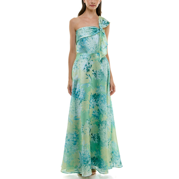 gabby skye TAYLOR ONE SHOULDER FLORAL PRINT BOW-STRAP GOWN PISTACHIO/SEA GLASS