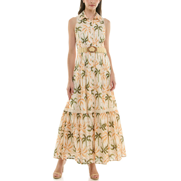 Gabby Skye TAYLOR PALM TREE PRINT BELTED OXFORD MAXI DRESS MAGNOLIA/OCHRE