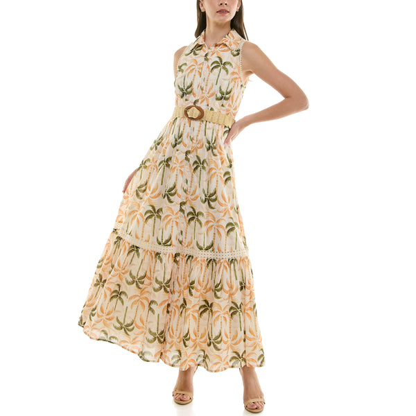 Gabby Skye TAYLOR PALM TREE PRINT BELTED OXFORD MAXI DRESS MAGNOLIA/OCHRE