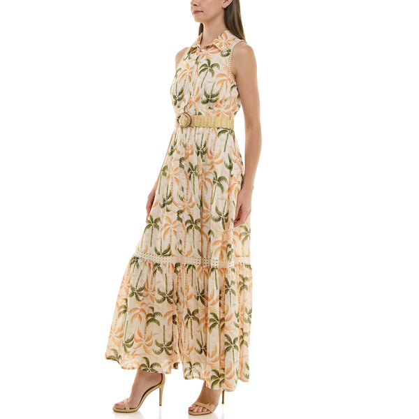 Gabby Skye TAYLOR PALM TREE PRINT BELTED OXFORD MAXI DRESS MAGNOLIA/OCHRE