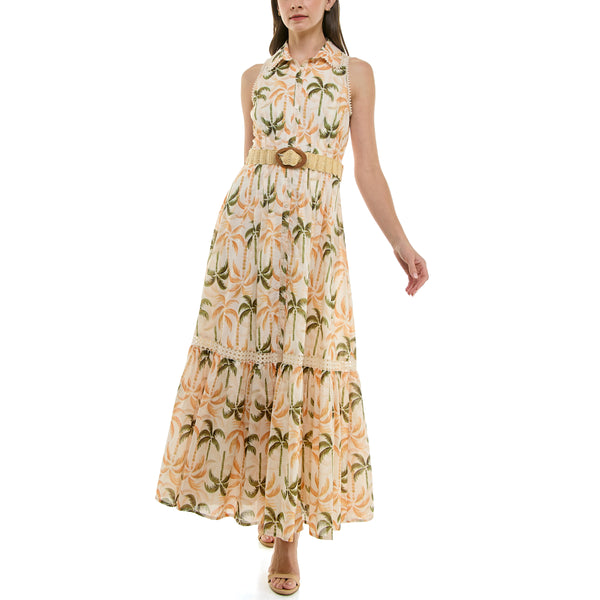 gabby skye TAYLOR PALM TREE PRINT BELTED OXFORD MAXI DRESS MAGNOLIA/OCHRE