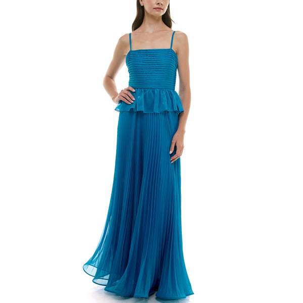 Gabby Skye TAYLOR PEPLUM CONTRAST PLEAT SLEEVELESS GOWN CERULEAN