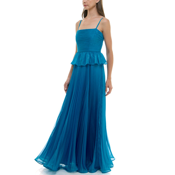 Gabby Skye TAYLOR PEPLUM CONTRAST PLEAT SLEEVELESS GOWN CERULEAN