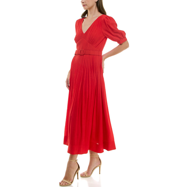 Gabby Skye TAYLOR PLEATED O-RING BELTED V-NECK MAXI DRESS RED