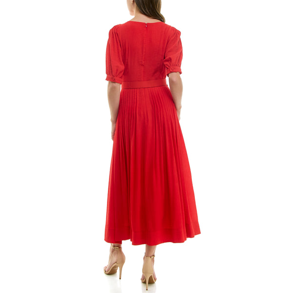 Gabby Skye TAYLOR PLEATED O-RING BELTED V-NECK MAXI DRESS RED
