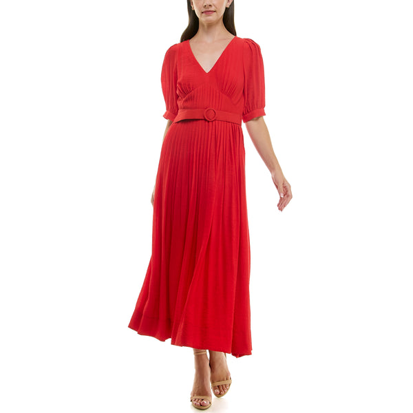 gabby skye TAYLOR PLEATED O-RING BELTED V-NECK MAXI DRESS RED
