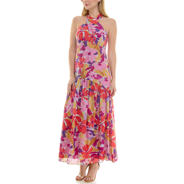 Gabby Skye TAYLOR RETRO FLORAL PRINT HALTER SLEEVELESS MAXI DRESS SIENNA/SPRING