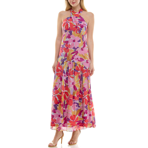 Gabby Skye TAYLOR RETRO FLORAL PRINT HALTER SLEEVELESS MAXI DRESS SIENNA/SPRING