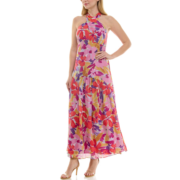 Gabby Skye TAYLOR RETRO FLORAL PRINT HALTER SLEEVELESS MAXI DRESS SIENNA/SPRING