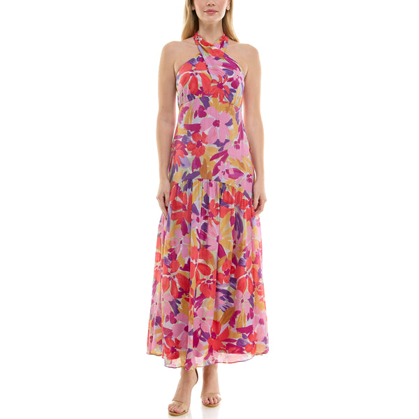 gabby skye TAYLOR RETRO FLORAL PRINT HALTER SLEEVELESS MAXI DRESS SIENNA/SPRING