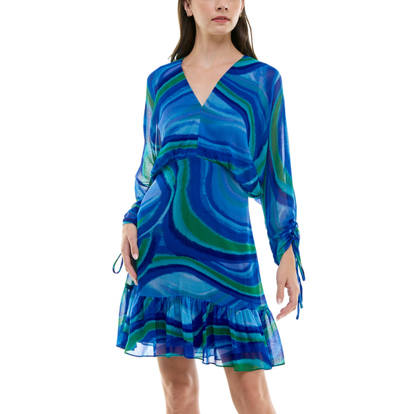 Gabby Skye TAYLOR RETRO MOD SWIRL PRINT CHIFFON DOLMAN SLEEVE MINI DRESS BLUE SWIRL