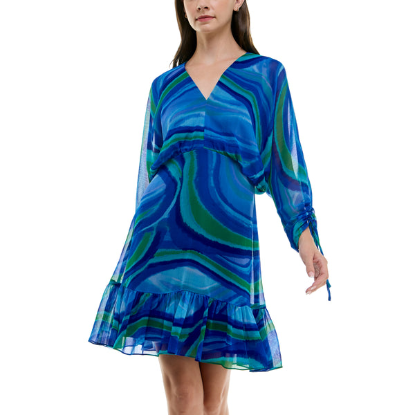 Gabby Skye TAYLOR RETRO MOD SWIRL PRINT CHIFFON DOLMAN SLEEVE MINI DRESS BLUE SWIRL