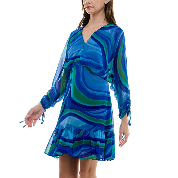 Gabby Skye TAYLOR RETRO MOD SWIRL PRINT CHIFFON DOLMAN SLEEVE MINI DRESS BLUE SWIRL