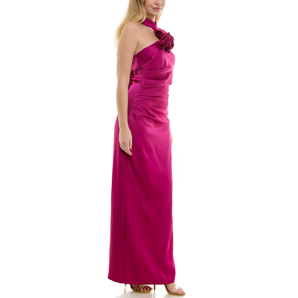 Gabby Skye TAYLOR ROSETTE TRIM HALTER RUCHED SIDE SLIT GOWN MAGENTA
