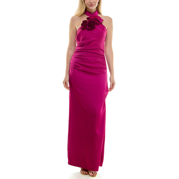 gabby skye TAYLOR ROSETTE TRIM HALTER RUCHED SIDE SLIT GOWN MAGENTA gabby skye TAYLOR ROSETTE TRIM HALTER RUCHED SIDE SLIT GOWN MAGENTA