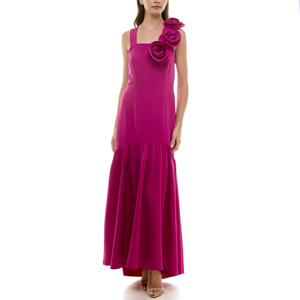 Gabby Skye TAYLOR ROSETTE TRIM SQUARE NECK FLOUNCE HEM GOWN MAGENTA